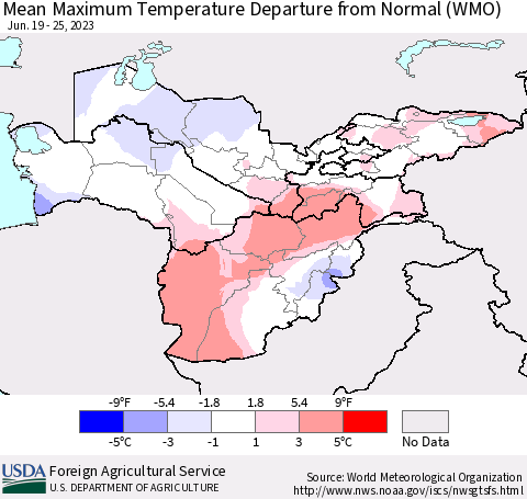 Central Asia Mean Maximum Temperature Departure from Normal (WMO) Thematic Map For 6/19/2023 - 6/25/2023