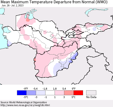 Central Asia Mean Maximum Temperature Departure from Normal (WMO) Thematic Map For 6/26/2023 - 7/2/2023
