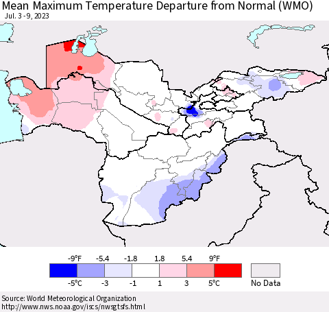 Central Asia Mean Maximum Temperature Departure from Normal (WMO) Thematic Map For 7/3/2023 - 7/9/2023