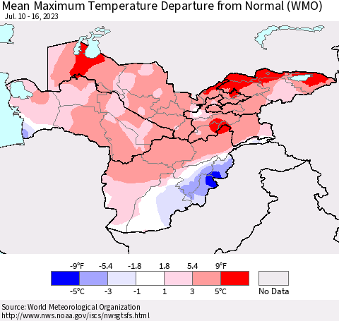 Central Asia Mean Maximum Temperature Departure from Normal (WMO) Thematic Map For 7/10/2023 - 7/16/2023