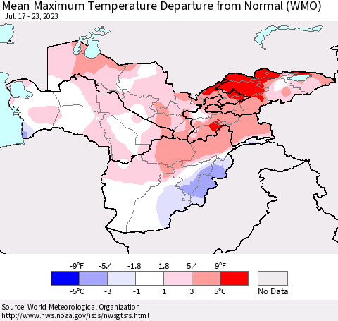 Central Asia Mean Maximum Temperature Departure from Normal (WMO) Thematic Map For 7/17/2023 - 7/23/2023