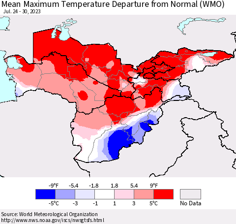 Central Asia Mean Maximum Temperature Departure from Normal (WMO) Thematic Map For 7/24/2023 - 7/30/2023