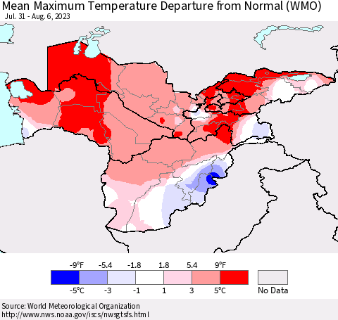 Central Asia Mean Maximum Temperature Departure from Normal (WMO) Thematic Map For 7/31/2023 - 8/6/2023