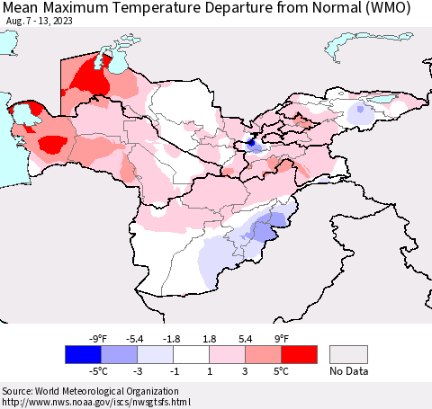 Central Asia Mean Maximum Temperature Departure from Normal (WMO) Thematic Map For 8/7/2023 - 8/13/2023