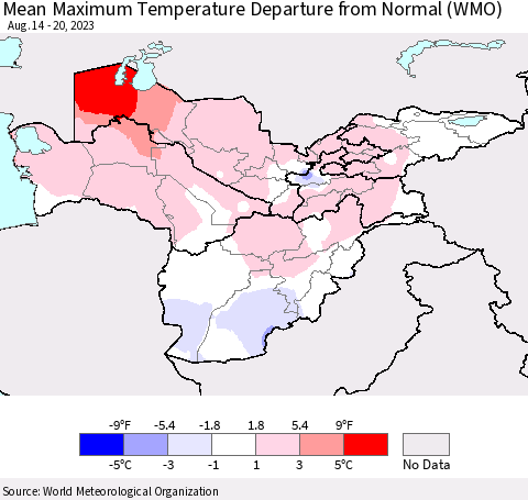 Central Asia Mean Maximum Temperature Departure from Normal (WMO) Thematic Map For 8/14/2023 - 8/20/2023