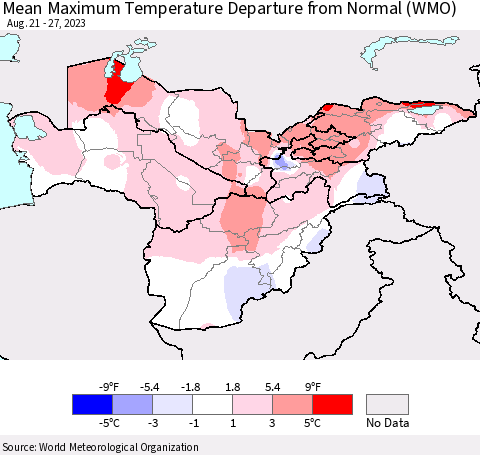 Central Asia Mean Maximum Temperature Departure from Normal (WMO) Thematic Map For 8/21/2023 - 8/27/2023