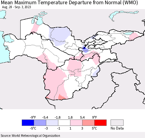 Central Asia Mean Maximum Temperature Departure from Normal (WMO) Thematic Map For 8/28/2023 - 9/3/2023