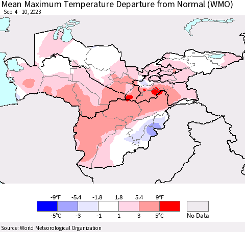 Central Asia Mean Maximum Temperature Departure from Normal (WMO) Thematic Map For 9/4/2023 - 9/10/2023
