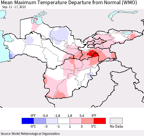 Central Asia Mean Maximum Temperature Departure from Normal (WMO) Thematic Map For 9/11/2023 - 9/17/2023