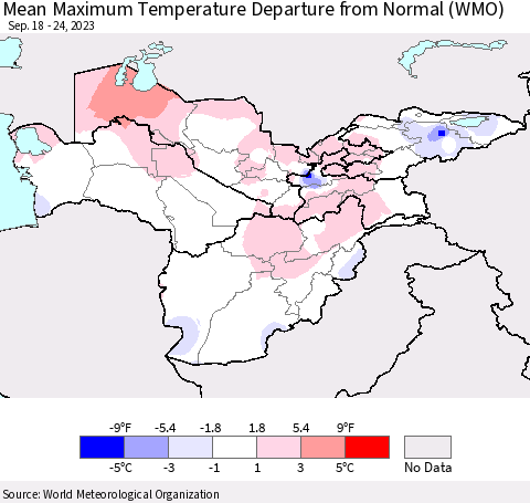 Central Asia Mean Maximum Temperature Departure from Normal (WMO) Thematic Map For 9/18/2023 - 9/24/2023