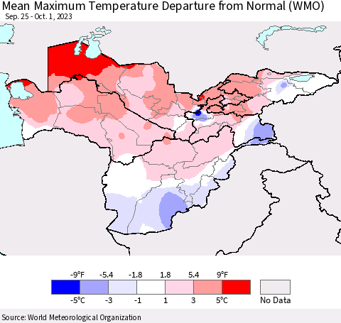 Central Asia Mean Maximum Temperature Departure from Normal (WMO) Thematic Map For 9/25/2023 - 10/1/2023