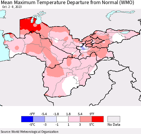 Central Asia Mean Maximum Temperature Departure from Normal (WMO) Thematic Map For 10/2/2023 - 10/8/2023