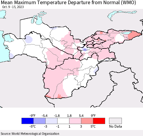 Central Asia Mean Maximum Temperature Departure from Normal (WMO) Thematic Map For 10/9/2023 - 10/15/2023