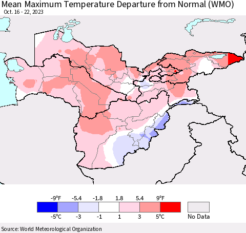 Central Asia Mean Maximum Temperature Departure from Normal (WMO) Thematic Map For 10/16/2023 - 10/22/2023