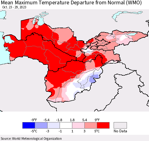 Central Asia Mean Maximum Temperature Departure from Normal (WMO) Thematic Map For 10/23/2023 - 10/29/2023