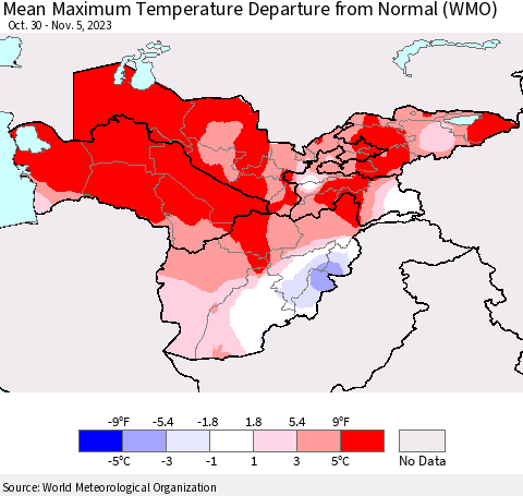Central Asia Mean Maximum Temperature Departure from Normal (WMO) Thematic Map For 10/30/2023 - 11/5/2023