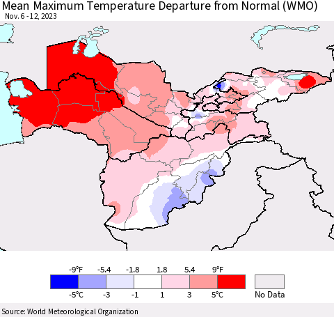 Central Asia Mean Maximum Temperature Departure from Normal (WMO) Thematic Map For 11/6/2023 - 11/12/2023