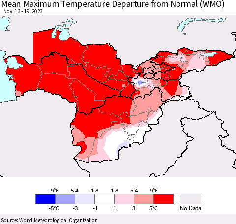 Central Asia Mean Maximum Temperature Departure from Normal (WMO) Thematic Map For 11/13/2023 - 11/19/2023