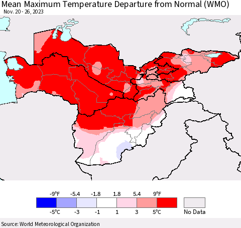 Central Asia Mean Maximum Temperature Departure from Normal (WMO) Thematic Map For 11/20/2023 - 11/26/2023