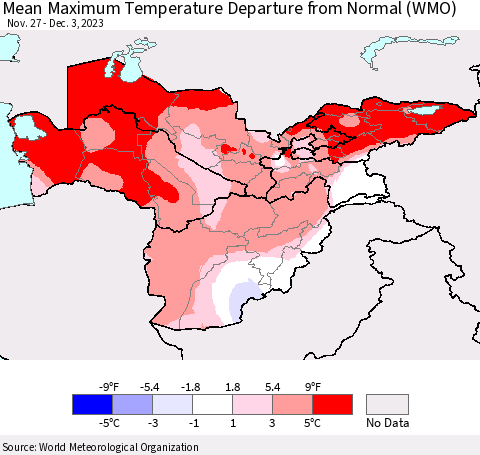 Central Asia Mean Maximum Temperature Departure from Normal (WMO) Thematic Map For 11/27/2023 - 12/3/2023