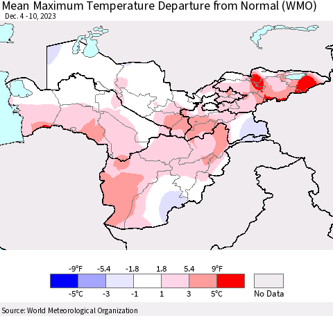 Central Asia Mean Maximum Temperature Departure from Normal (WMO) Thematic Map For 12/4/2023 - 12/10/2023