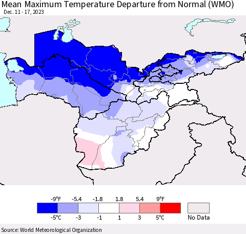 Central Asia Mean Maximum Temperature Departure from Normal (WMO) Thematic Map For 12/11/2023 - 12/17/2023