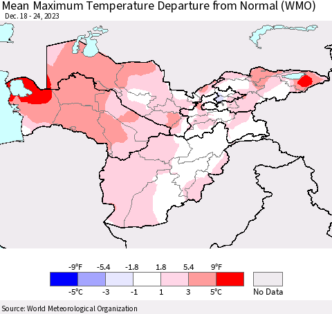 Central Asia Mean Maximum Temperature Departure from Normal (WMO) Thematic Map For 12/18/2023 - 12/24/2023