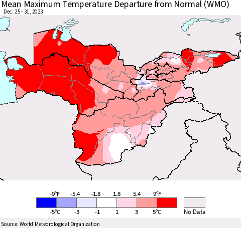 Central Asia Mean Maximum Temperature Departure from Normal (WMO) Thematic Map For 12/25/2023 - 12/31/2023