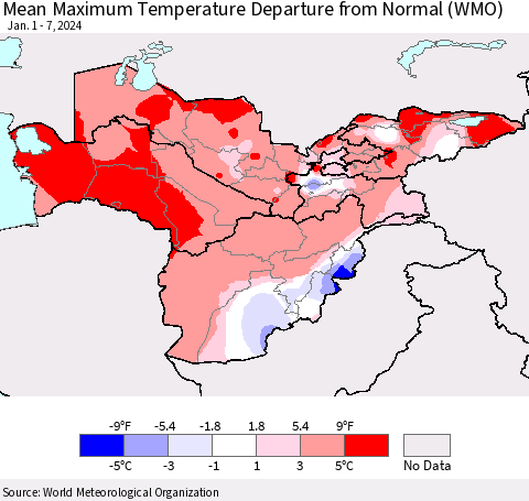 Central Asia Mean Maximum Temperature Departure from Normal (WMO) Thematic Map For 1/1/2024 - 1/7/2024