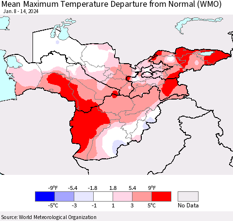 Central Asia Mean Maximum Temperature Departure from Normal (WMO) Thematic Map For 1/8/2024 - 1/14/2024
