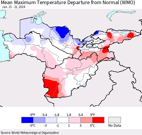 Central Asia Mean Maximum Temperature Departure from Normal (WMO) Thematic Map For 1/15/2024 - 1/21/2024