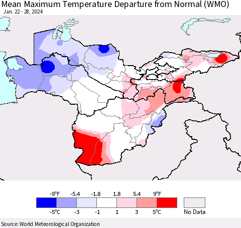 Central Asia Mean Maximum Temperature Departure from Normal (WMO) Thematic Map For 1/22/2024 - 1/28/2024
