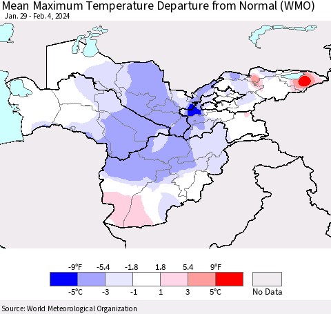 Central Asia Mean Maximum Temperature Departure from Normal (WMO) Thematic Map For 1/29/2024 - 2/4/2024