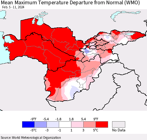 Central Asia Mean Maximum Temperature Departure from Normal (WMO) Thematic Map For 2/5/2024 - 2/11/2024