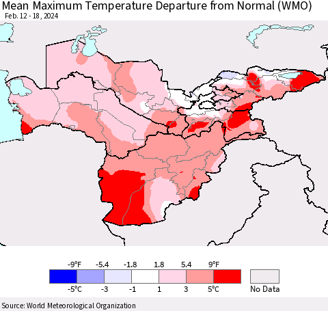 Central Asia Mean Maximum Temperature Departure from Normal (WMO) Thematic Map For 2/12/2024 - 2/18/2024