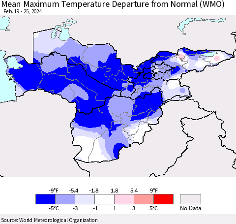 Central Asia Mean Maximum Temperature Departure from Normal (WMO) Thematic Map For 2/19/2024 - 2/25/2024