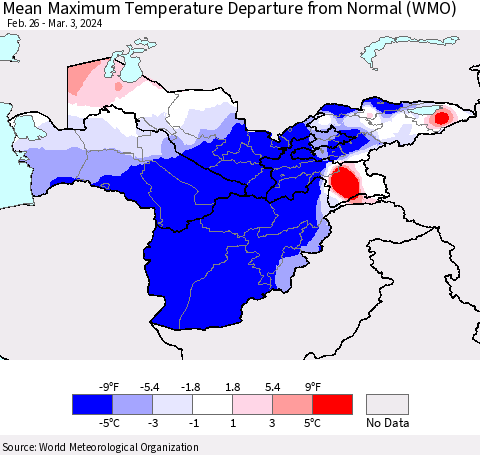 Central Asia Mean Maximum Temperature Departure from Normal (WMO) Thematic Map For 2/26/2024 - 3/3/2024