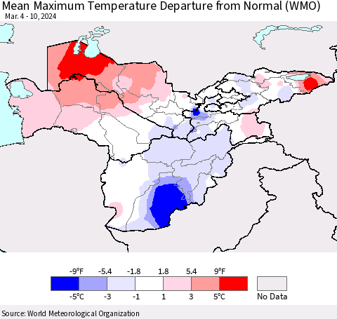 Central Asia Mean Maximum Temperature Departure from Normal (WMO) Thematic Map For 3/4/2024 - 3/10/2024