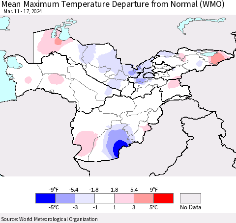 Central Asia Mean Maximum Temperature Departure from Normal (WMO) Thematic Map For 3/11/2024 - 3/17/2024