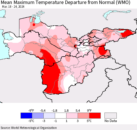 Central Asia Mean Maximum Temperature Departure from Normal (WMO) Thematic Map For 3/18/2024 - 3/24/2024