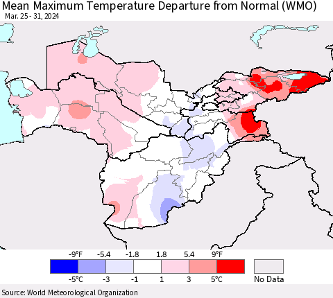 Central Asia Mean Maximum Temperature Departure from Normal (WMO) Thematic Map For 3/25/2024 - 3/31/2024