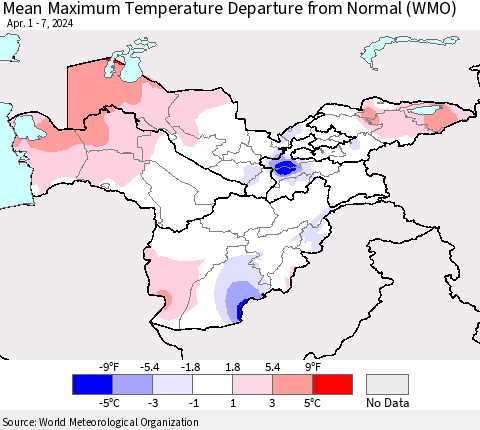 Central Asia Mean Maximum Temperature Departure from Normal (WMO) Thematic Map For 4/1/2024 - 4/7/2024