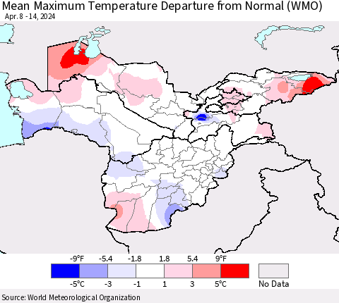 Central Asia Mean Maximum Temperature Departure from Normal (WMO) Thematic Map For 4/8/2024 - 4/14/2024