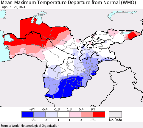 Central Asia Mean Maximum Temperature Departure from Normal (WMO) Thematic Map For 4/15/2024 - 4/21/2024