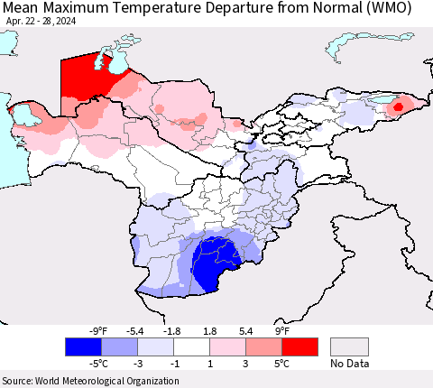 Central Asia Mean Maximum Temperature Departure from Normal (WMO) Thematic Map For 4/22/2024 - 4/28/2024