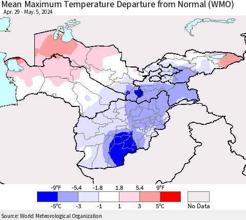 Central Asia Mean Maximum Temperature Departure from Normal (WMO) Thematic Map For 4/29/2024 - 5/5/2024