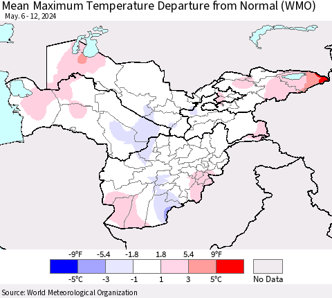 Central Asia Mean Maximum Temperature Departure from Normal (WMO) Thematic Map For 5/6/2024 - 5/12/2024