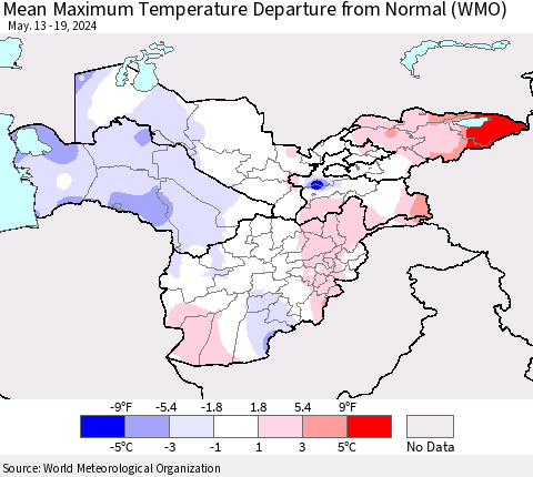 Central Asia Mean Maximum Temperature Departure from Normal (WMO) Thematic Map For 5/13/2024 - 5/19/2024