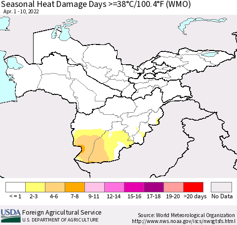 Central Asia Seasonal Heat Damage Days >=38°C/100°F (WMO) Thematic Map For 4/1/2022 - 4/10/2022