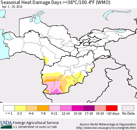 Central Asia Seasonal Heat Damage Days >=38°C/100°F (WMO) Thematic Map For 4/1/2022 - 4/20/2022